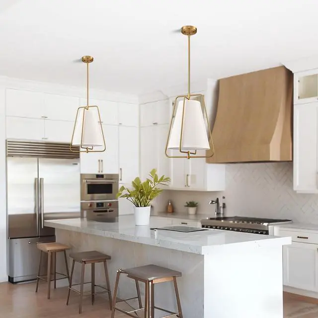 Alt view image 2 of 7 - HYDELITE Vintage Gold Pendant Light with White Linen Shade | Fabric Adjustable Height Brass Chandelier for Living Room Dining Room Kitchen Island Hallway