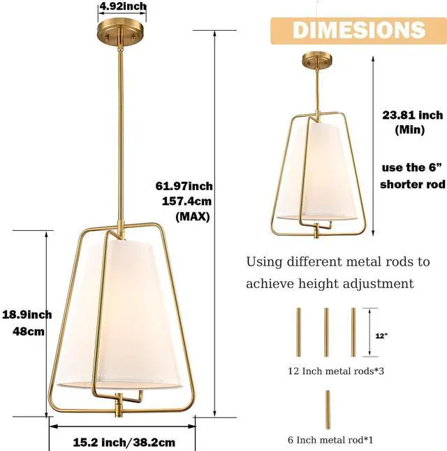 Alt view image 3 of 7 - HYDELITE Vintage Gold Pendant Light with White Linen Shade | Fabric Adjustable Height Brass Chandelier for Living Room Dining Room Kitchen Island Hallway