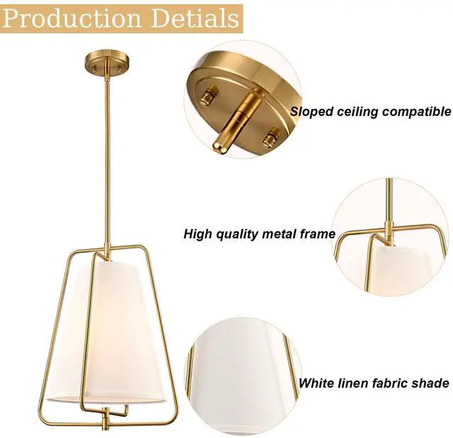Alt view image 5 of 7 - HYDELITE Vintage Gold Pendant Light with White Linen Shade | Fabric Adjustable Height Brass Chandelier for Living Room Dining Room Kitchen Island Hallway