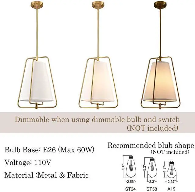 Alt view image 4 of 7 - HYDELITE Vintage Gold Pendant Light with White Linen Shade | Fabric Adjustable Height Brass Chandelier for Living Room Dining Room Kitchen Island Hallway