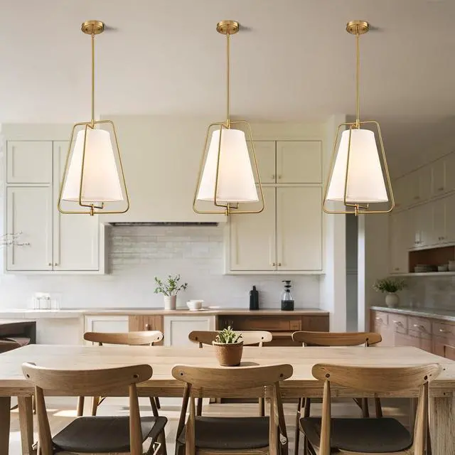 Alt view image 6 of 7 - HYDELITE Vintage Gold Pendant Light with White Linen Shade | Fabric Adjustable Height Brass Chandelier for Living Room Dining Room Kitchen Island Hallway