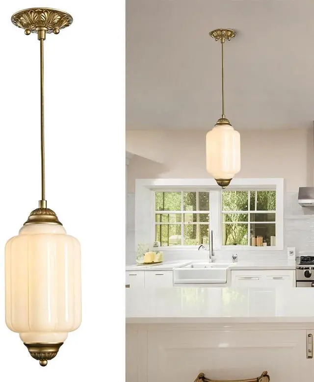 Main image of HYDELITE Vintage Gold Pendant Light with Milky Pumpkin-Shaped Glass | Mid-Century Brass Adjustable Ceiling Light for Kitchen Island Living Room Bedroom Dining Room Hallway Schoolhouse