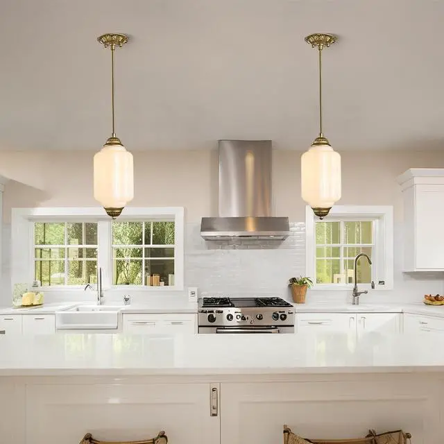 Alt view image 2 of 7 - HYDELITE Vintage Gold Pendant Light with Milky Pumpkin-Shaped Glass | Mid-Century Brass Adjustable Ceiling Light for Kitchen Island Living Room Bedroom Dining Room Hallway Schoolhouse