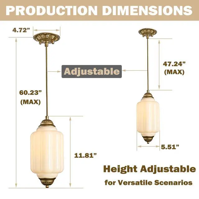 Alt view image 3 of 7 - HYDELITE Vintage Gold Pendant Light with Milky Pumpkin-Shaped Glass | Mid-Century Brass Adjustable Ceiling Light for Kitchen Island Living Room Bedroom Dining Room Hallway Schoolhouse