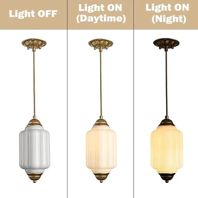 Alt view image 7 of 7 - HYDELITE Vintage Gold Pendant Light with Milky Pumpkin-Shaped Glass | Mid-Century Brass Adjustable Ceiling Light for Kitchen Island Living Room Bedroom Dining Room Hallway Schoolhouse