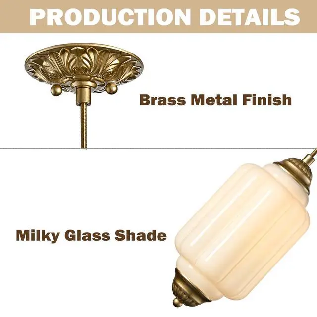 Alt view image 5 of 7 - HYDELITE Vintage Gold Pendant Light with Milky Pumpkin-Shaped Glass | Mid-Century Brass Adjustable Ceiling Light for Kitchen Island Living Room Bedroom Dining Room Hallway Schoolhouse