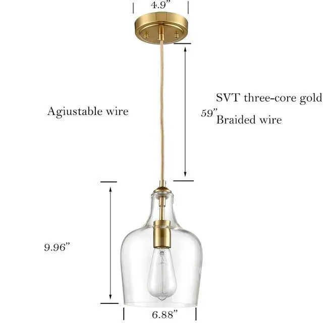 Alt view image 7 of 7 - HYDELITE Modern Brushed Gold Pendant Light Fixtures Clear Glass | Brass Adjustable Cord Hanging Light for Living Room Kitchen Island Chandelier with Bell Shape