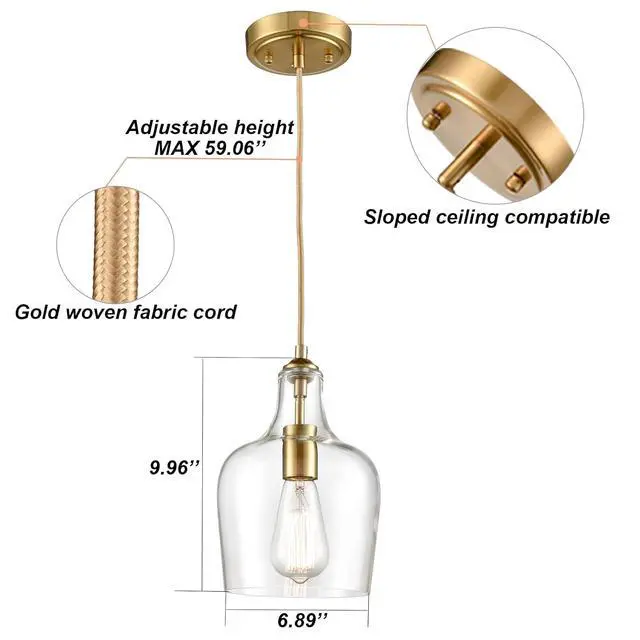 Alt view image 6 of 7 - HYDELITE Modern Brushed Gold Pendant Light Fixtures Clear Glass | Brass Adjustable Cord Hanging Light for Living Room Kitchen Island Chandelier with Bell Shape