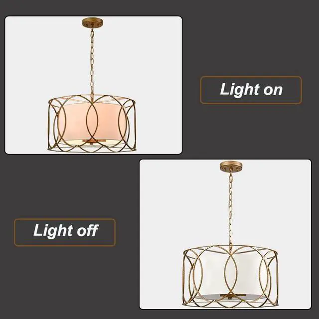 Alt view image 7 of 7 - HYDELITE Brass Drum Pendant Light 3-Light with White Linen Diffuser | Gold Drum Chandelier Adjustable Dining Table Fixture for Kitchen Island Bedroom Living Room