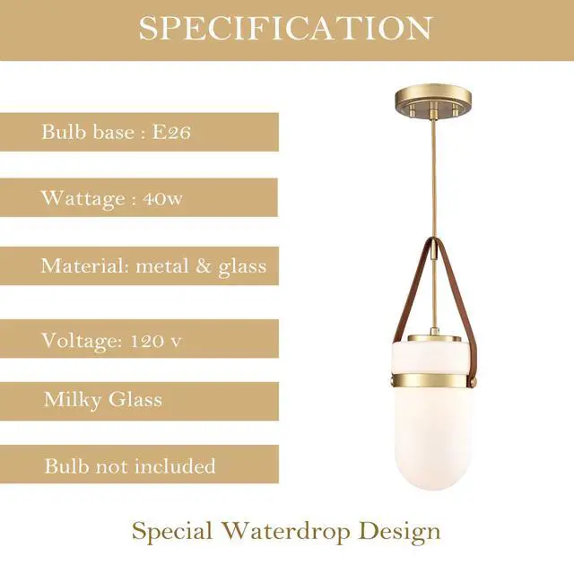 Alt view image 4 of 7 - HYDELITE Modern Gold Pendant Light with Raindrop Milky Glass Brown Belt | Waterdrop Adjustable Height Woven Cord Hanging Light Fixture for Kitchen,Hallway,Entryway