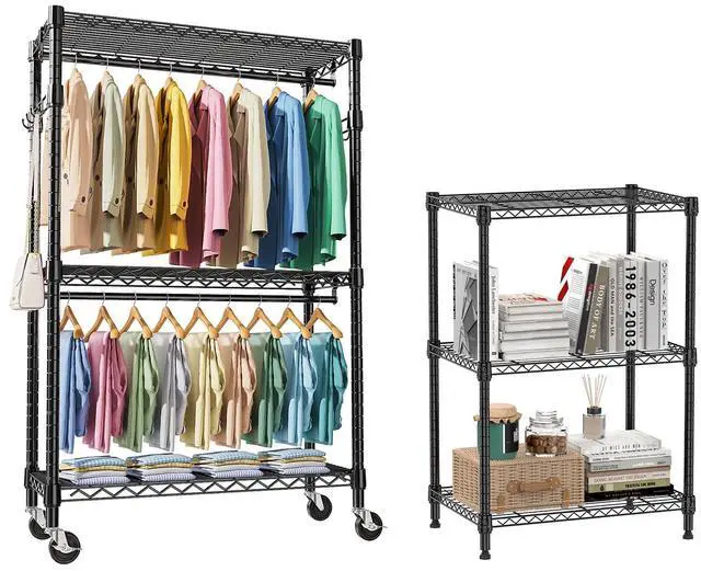 Main image of M 2 PCS 4 Tier Heavy Duty Rolling Garment Black Rack and Wire Storage Shelving 3-Tier Utility Shelving Unit