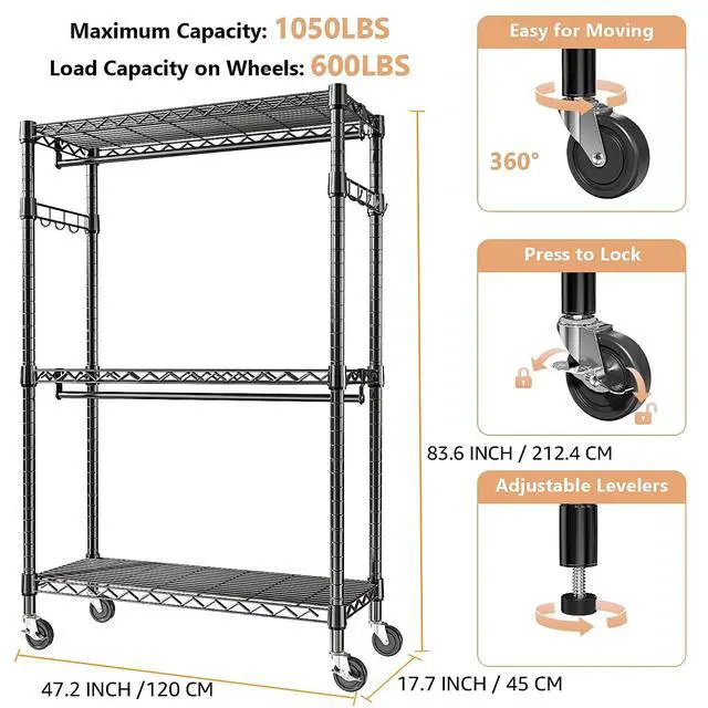 Alt view image 6 of 7 - M 2 PCS 4 Tier Heavy Duty Rolling Garment Black Rack and Wire Storage Shelving 3-Tier Utility Shelving Unit