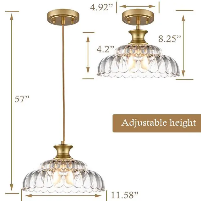 Alt view image 4 of 7 - HYDELITE Vintage Gold Clear Glass Pendant Lights Kitchen Island | Brass Pendant Light Fixture Modern Hanging Light Fixture for Dining Room Bedroom Entryway