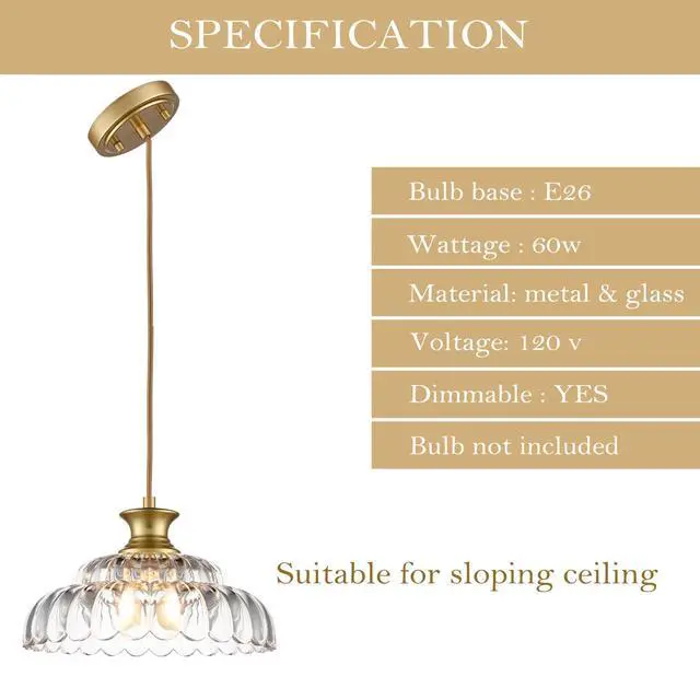 Alt view image 5 of 7 - HYDELITE Vintage Gold Clear Glass Pendant Lights Kitchen Island | Brass Pendant Light Fixture Modern Hanging Light Fixture for Dining Room Bedroom Entryway