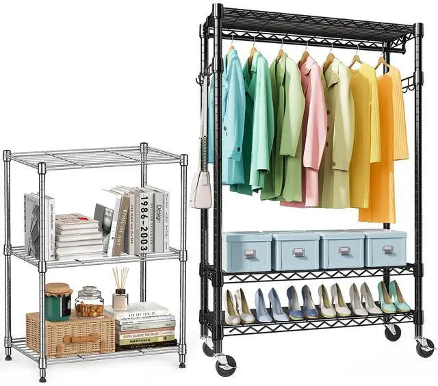 Main image of M 2PCS Heavy Duty Rolling Garment Rack and Shelving Unit 3 Tiers Adjustable Wire Shelving Clothes Rack with Rods and Side Hooks,Storage Closet Clothing Rack