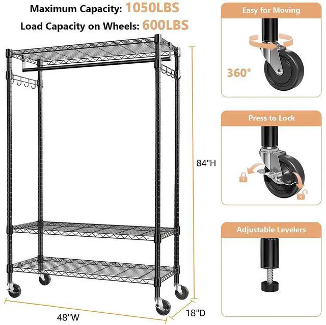 Alt view image 3 of 7 - M Steel Heavy Duty 5-Tier Utility Shelving Unit and Heavy Duty Rolling Garment Rack 3 Tiers Adjustable Wire Shelving Clothes Rack