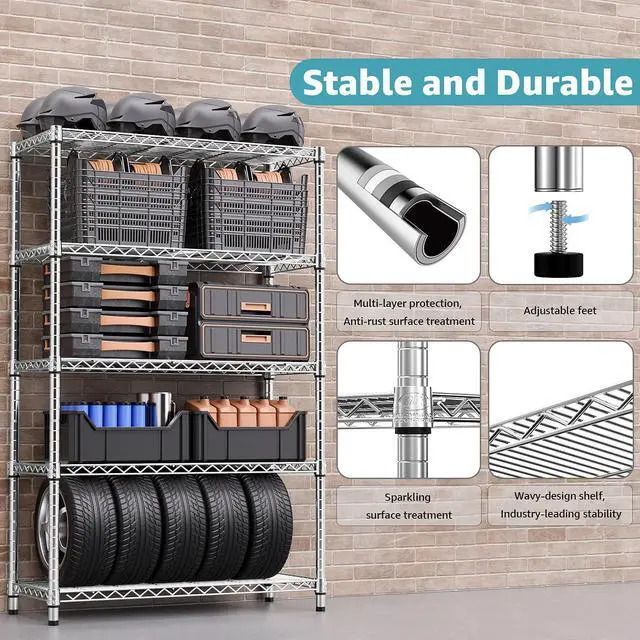 Alt view image 5 of 7 - M 2 PCS Steel Storage Shelving 5-Tier Utility Shelving Unit with Wheels, Steel Organizer Wire Rack for Home,1750 LBS