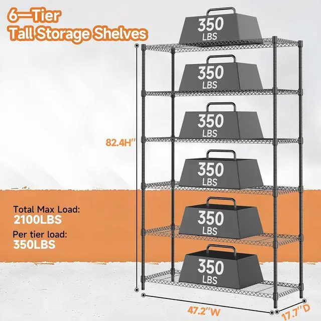 Alt view image 3 of 7 - M 6 Tiers Storage Shelves Load 2100LBS, Metal Shelving Wire Metal Shelving Unit Shelves for Storage Adjustable Garage Shelving for Pantry Kitchen Garage Black 17.7" D x 47.3" W x 82.4" H