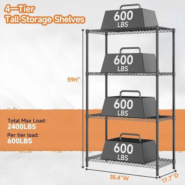 Alt view image 3 of 6 - M 2400LBS 35.5" W Standing Shelf Units Wire Rust-Proof Outdoor Storage Shelving 4-Tier Utility Shelving Unit for Garden Home,Kitchen,Office Dark Grey 17.7" D x 35.5" W x 59.4" H
