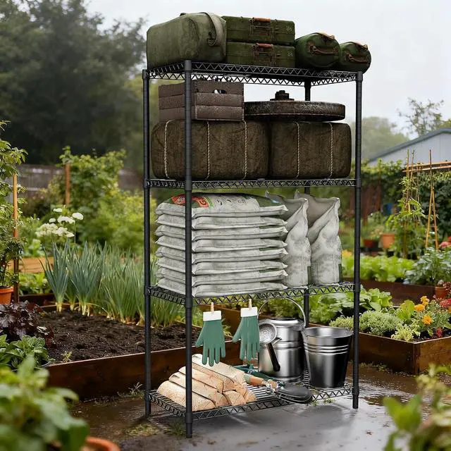 Alt view image 2 of 6 - M 2400LBS 35.5" W Standing Shelf Units Wire Rust-Proof Outdoor Storage Shelving 4-Tier Utility Shelving Unit for Garden Home,Kitchen,Office Dark Grey 17.7" D x 35.5" W x 59.4" H