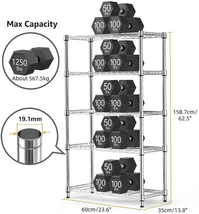 Alt view image 3 of 7 - M 1250 lbs Steel Heavy Duty 5-Tier Utility Shelving Unit Steel Organizer Wire Rack for Home,Kitchen,Office,Chrome (13.7" D x 23.6" W x 62.4" H)