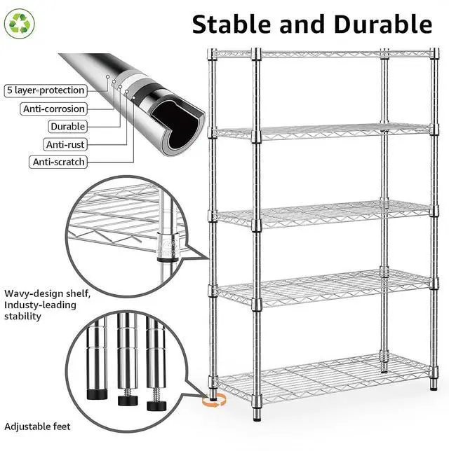 Alt view image 4 of 7 - M 1250 lbs Steel Heavy Duty 5-Tier Utility Shelving Unit Steel Organizer Wire Rack for Home,Kitchen,Office,Chrome (13.7" D x 23.6" W x 62.4" H)
