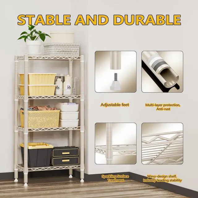 Alt view image 7 of 7 - M 1000 lbs 4-Shelf Standing Storage Shelves Heavy Duty Metal Shelving Unit Adjustable Wire Rack for Office Garage Kitchen, Light Tan 11.8 D x 23.6" W x 47.5" H