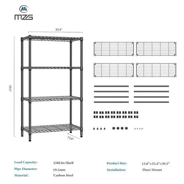 Alt view image 3 of 7 - M 1000 lbs 4 Tier Shelf Metal Storage Shelves Shelving Wire Rack Heavy Duty Closet Organizers for Garage Kitchen Bathroom Laundry Black 13.8" D x 35.4" W x 59.5" H
