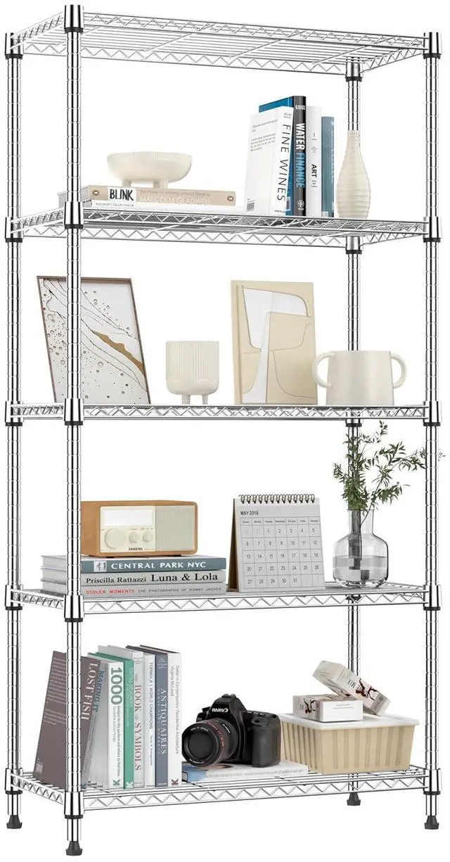 Main image of M 1250 lbs 5 Tier Shelf Metal Storage Shelves Shelving Wire Rack Heavy Duty Closet Organizers for Garage Kitchen Bathroom Laundry Chrome 13.8" D x 29.5" W x 59.5" H
