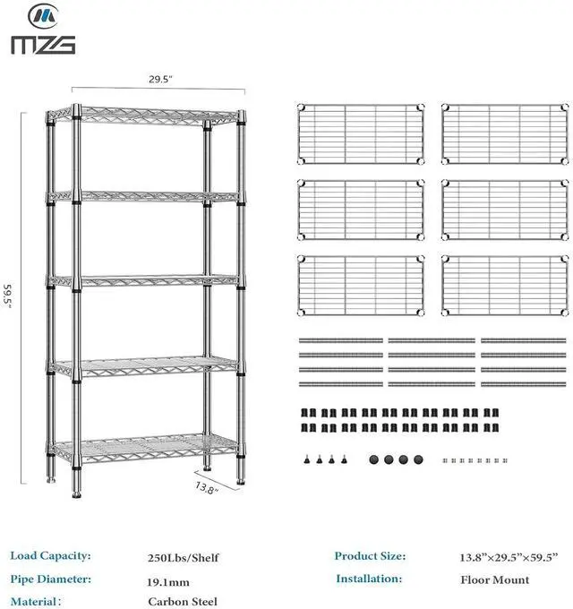 Alt view image 3 of 7 - M 1250 lbs 5 Tier Shelf Metal Storage Shelves Shelving Wire Rack Heavy Duty Closet Organizers for Garage Kitchen Bathroom Laundry Chrome 13.8" D x 29.5" W x 59.5" H