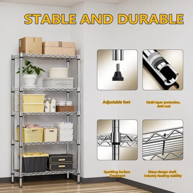 Alt view image 6 of 7 - M 1250 lbs 5 Tier Shelf Metal Storage Shelves Shelving Wire Rack Heavy Duty Closet Organizers for Garage Kitchen Bathroom Laundry Chrome 13.8" D x 29.5" W x 59.5" H
