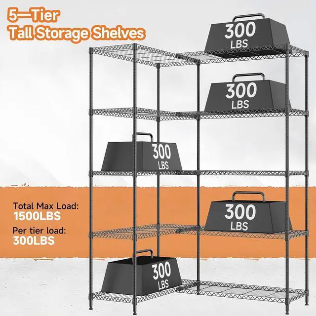 Alt view image 4 of 7 - M 5 Tiers Storage Shelves Load 1500LBS, Metal Shelving Wire Metal Shelving Unit Shelves for Storage Adjustable Garage Shelving for Pantry Kitchen Garage Black 15.8" D x 33.5" W x 70.5" H