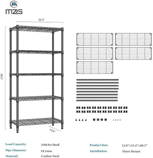 Alt view image 3 of 7 - M 1250 lbs 5 Tier Shelf Metal Storage Shelves Shelving Wire Rack Heavy Duty Closet Organizers for Garage Kitchen Bathroom Laundry Black 13.8" D x 35.4" W x 68.5" H