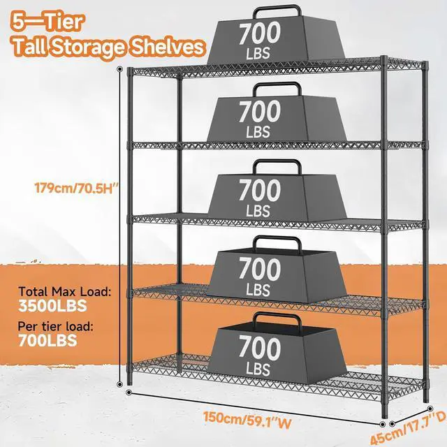 Alt view image 3 of 7 - M 3500LBS 59" W 5 Tiers Storage Shelves, Metal Shelving Wire Metal Shelving Unit Shelves for Storage Adjustable Garage Shelving for Pantry Kitchen Garage Black 17.7" D x 59.1" W x 70.4" H