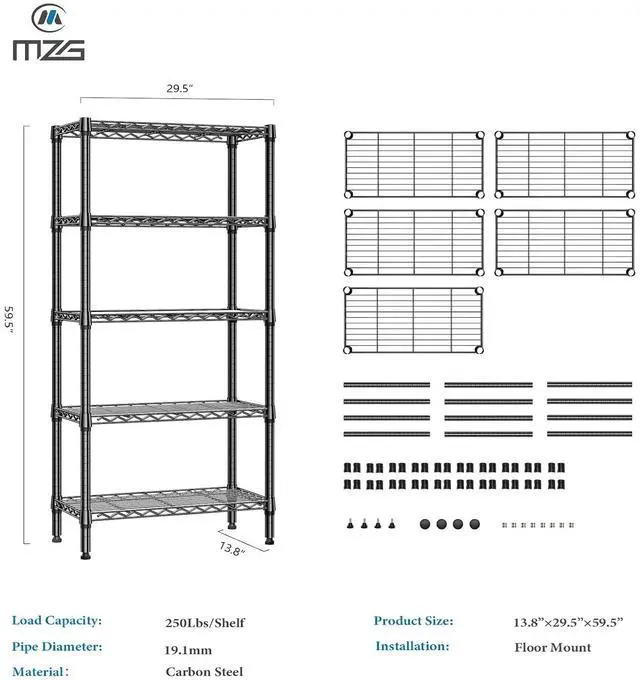 Alt view image 3 of 7 - M 1250 lbs 5 Tier Shelf Metal Storage Shelves Shelving Wire Rack Heavy Duty Closet Organizers for Garage Kitchen Bathroom Laundry Black 13.8" D x 29.5" W x 59.5" H