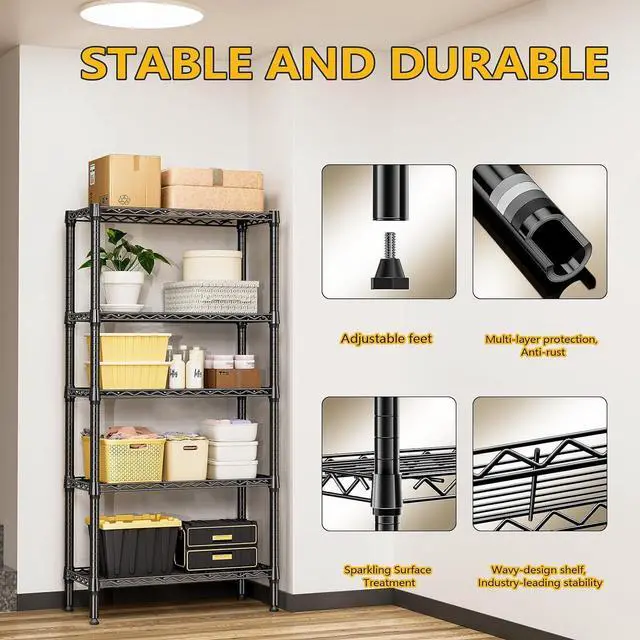 Alt view image 7 of 7 - M 1250 lbs 5 Tier Shelf Metal Storage Shelves Shelving Wire Rack Heavy Duty Closet Organizers for Garage Kitchen Bathroom Laundry Black 13.8" D x 29.5" W x 59.5" H