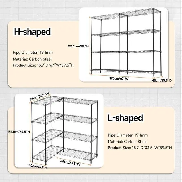 Alt view image 3 of 7 - M 4 Tiers Storage Shelves Load 1200LBS, Metal Shelving Wire Metal Shelving Unit Shelves for Storage Adjustable Garage Shelving for Pantry Kitchen Garage Black 15.8" D x 33.5" W x 59.5" H