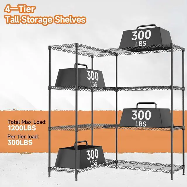 Alt view image 4 of 7 - M 4 Tiers Storage Shelves Load 1200LBS, Metal Shelving Wire Metal Shelving Unit Shelves for Storage Adjustable Garage Shelving for Pantry Kitchen Garage Black 15.8" D x 33.5" W x 59.5" H