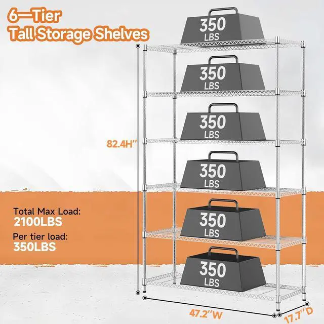 Alt view image 3 of 7 - M 6 Tiers Storage Shelves Load 2100LBS, Metal Shelving Wire Metal Shelving Unit Shelves for Storage Adjustable Garage Shelving for Pantry Kitchen Garage Chrome 17.7" D x 47.3" W x 82.4" H