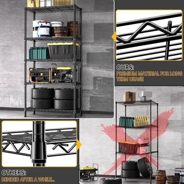 Alt view image 5 of 7 - M 1250 lbs 5 Tier Shelf Metal Storage Shelves Shelving Wire Rack Heavy Duty Closet Organizers for Garage Kitchen Bathroom Laundry Black 15.7" D x 33.5" W x 68.5" H