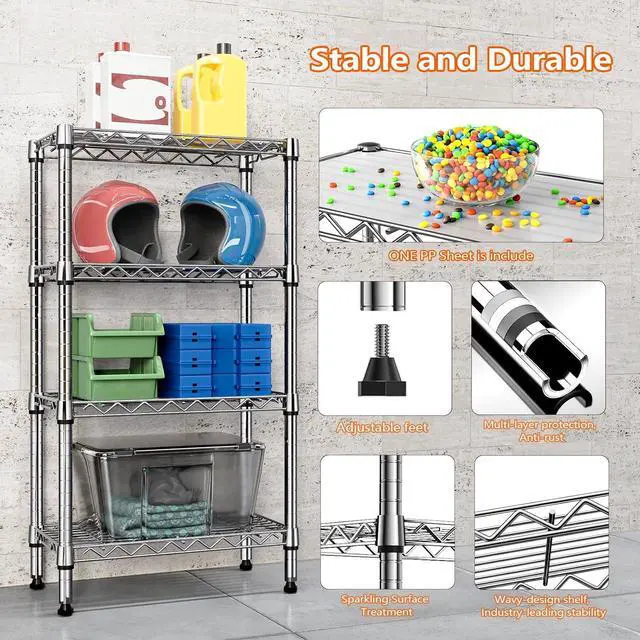Alt view image 7 of 7 - M 1000 lbs 4 Tier Shelf Metal Storage Shelves Wire Rack Closet Organizers with PP Board for Garage Kitchen Bathroom Laundry Chrome 11.8" D x 21.7" W x 39.5" H