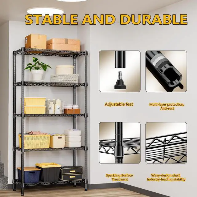 Alt view image 6 of 7 - M 1250 lbs 5 Tier Shelf Metal Storage Shelves Shelving Wire Rack Heavy Duty Closet Organizers for Garage Kitchen Bathroom Laundry Black 15.7" D x 33.5" W x 68.5" H