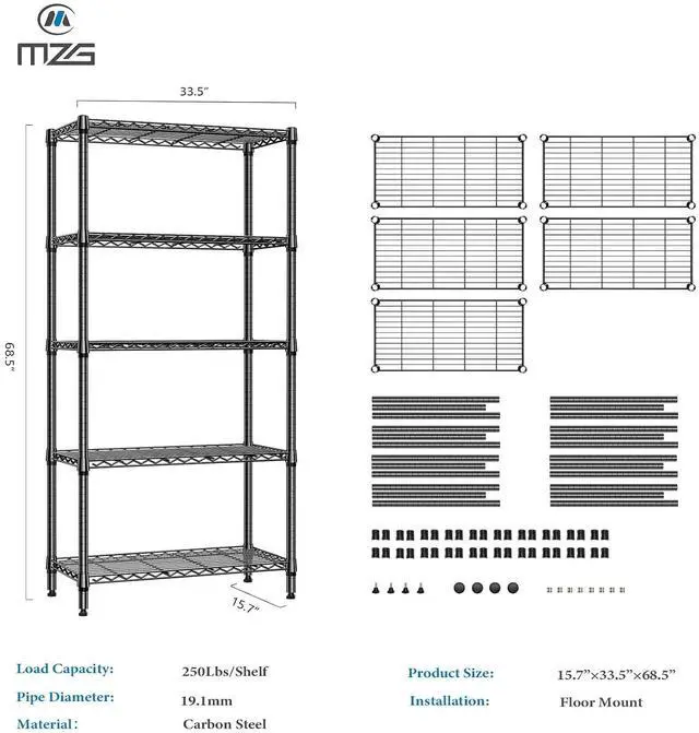 Alt view image 7 of 7 - M 1250 lbs 5 Tier Shelf Metal Storage Shelves Shelving Wire Rack Heavy Duty Closet Organizers for Garage Kitchen Bathroom Laundry Black 15.7" D x 33.5" W x 68.5" H