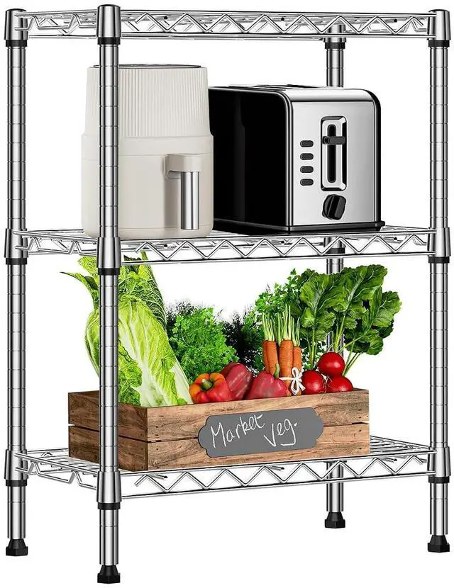 Main image of M 750 lbs 3 Tier Shelf Metal Storage Shelves Wire Rack Closet Organizers with PP Board for Garage Kitchen Bathroom Laundry Chrome 11.8" D x 21.7" W x 28.6" H