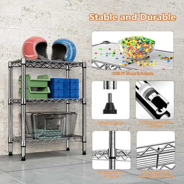 Alt view image 7 of 7 - M 750 lbs 3 Tier Shelf Metal Storage Shelves Wire Rack Closet Organizers with PP Board for Garage Kitchen Bathroom Laundry Chrome 11.8" D x 21.7" W x 28.6" H