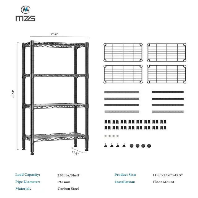 Alt view image 3 of 7 - M 1000 lbs 4 Tier Shelf Metal Storage Shelves Wire Rack Closet Organizers for Garage Kitchen Bathroom Laundry Black 11.8" D x 25.6" W x 45.5" H