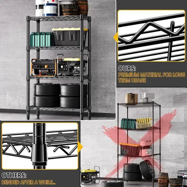 Alt view image 5 of 7 - M 1000 lbs 4 Tier Shelf Metal Storage Shelves Wire Rack Closet Organizers for Garage Kitchen Bathroom Laundry Black 11.8" D x 25.6" W x 45.5" H