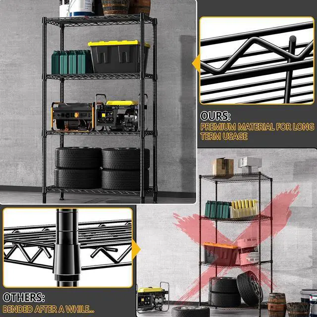 Alt view image 6 of 7 - M 1000 lbs 4 Tier Shelf Metal Storage Shelves Shelving Wire Rack Heavy Duty Closet Organizers for Garage Kitchen Bathroom Laundry Black 13.8" D x 35.4" W x 59.5" H