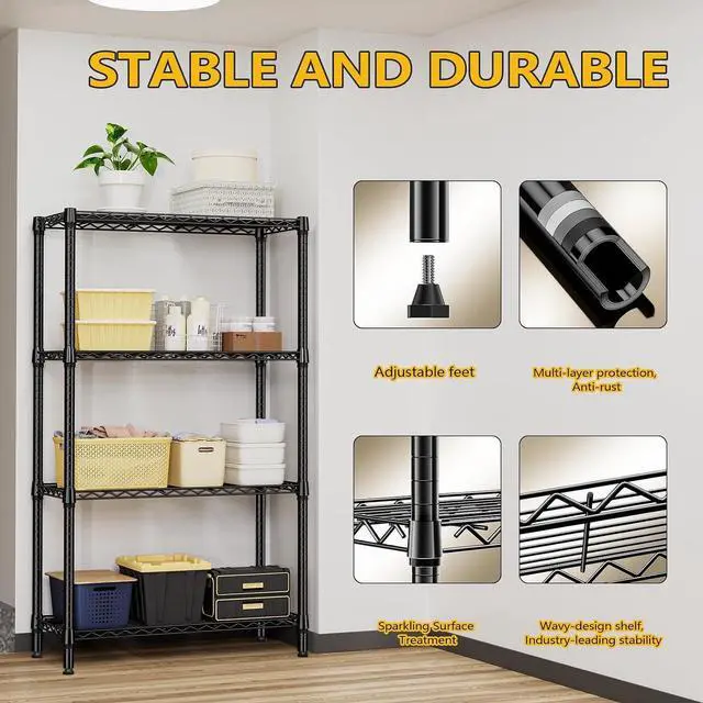 Alt view image 7 of 7 - M 1000 lbs 4 Tier Shelf Metal Storage Shelves Shelving Wire Rack Heavy Duty Closet Organizers for Garage Kitchen Bathroom Laundry Black 13.8" D x 35.4" W x 59.5" H
