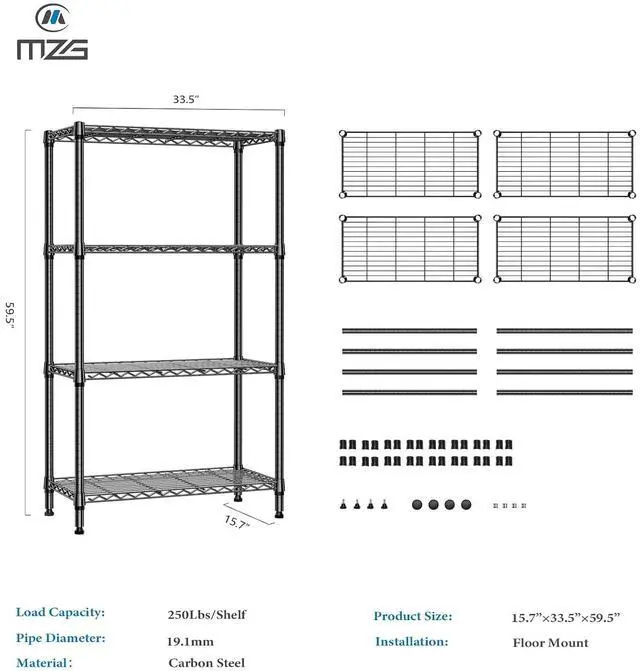 Alt view image 3 of 7 - M 1000 lbs 4 Tier Shelf Metal Storage Shelves Shelving Wire Rack Heavy Duty Closet Organizers for Garage Kitchen Bathroom Laundry Black 15.7" D x 33.5" W x 59.5" H